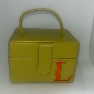 Travel Jewelry Case Lime Initial L (could stand for Love) Leather Satin 2 Layers